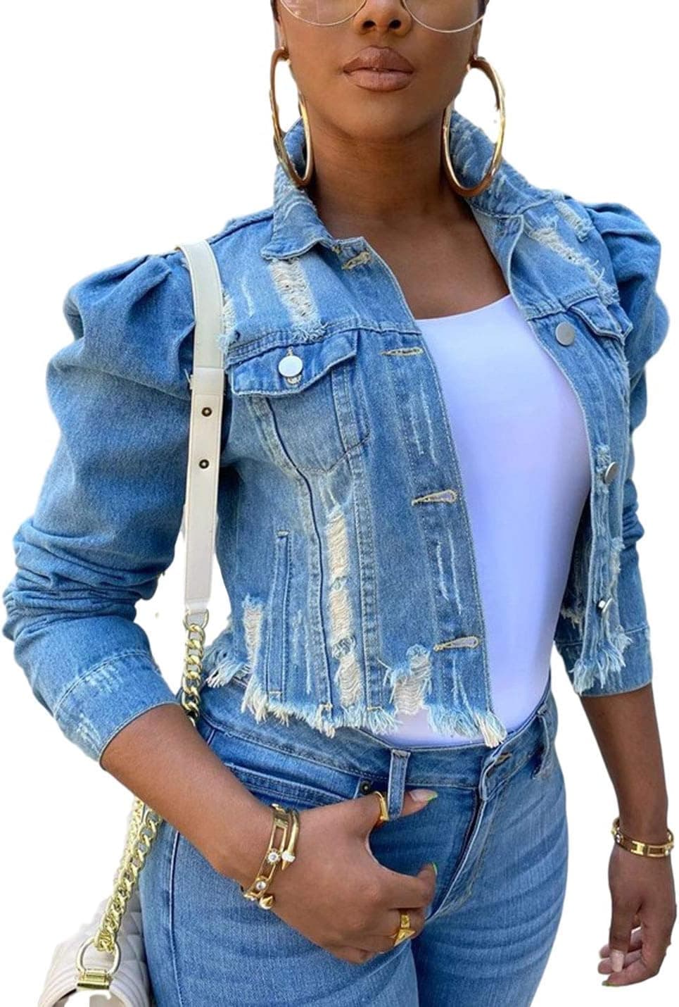 Women's Ripped Puff Sleeve Denim Crop Top Long-Sleeve Cropped Jean Jacket