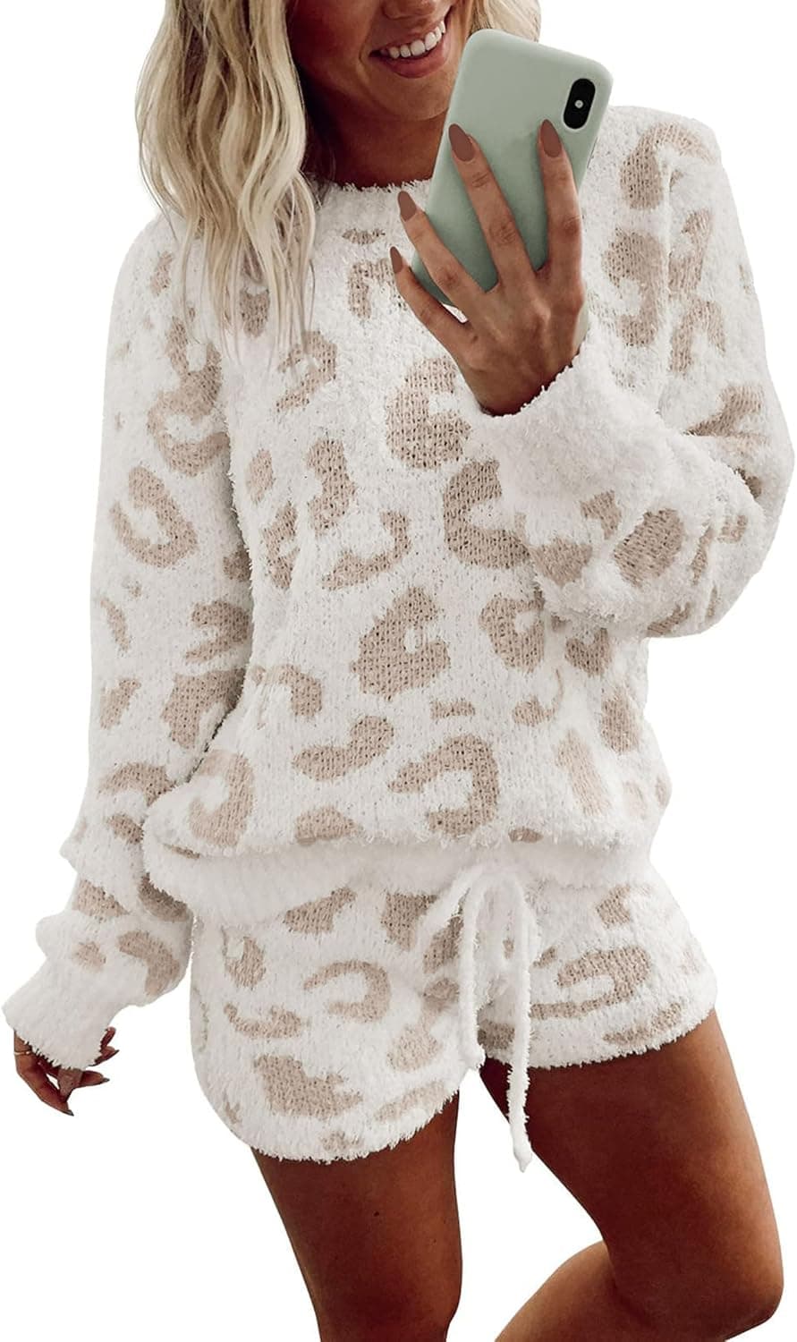 Fuzzy Fleece Pajamas 2 Piece Warm Soft Lounge Set Long Sleeve Sweater Top and Shorts Loungewear Outfits Sweatsuits