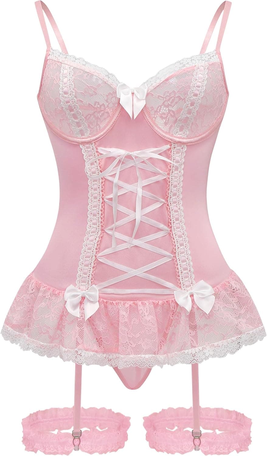 Sexy Mesh Corset Ruffle Lace Up Underwire Sheer Garter Belt Babydoll Lingerie Set With Thong 3 Piece Women