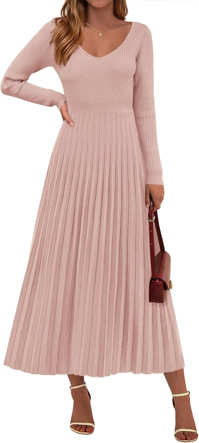 Women Sweater Dress Fall Fashion 2026 Long Sleeve V Neck Ribbed Knit Pleated A Line Elegant Maxi Winter Dresses