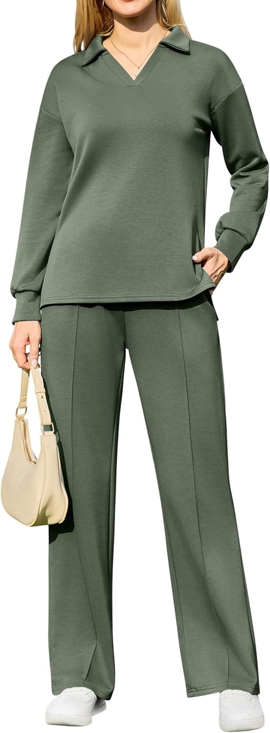 Womens 2 Piece Outfits Fall Lounge Sets Wide Leg Loungewear Workout Sets with Pockets
