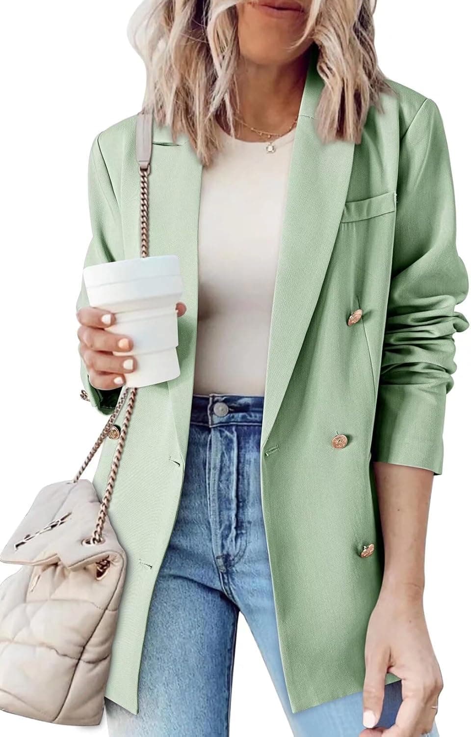 Womens Double Breasted Blazer Jackets Casual Blazers Open Front Long Sleeve Lapel Collar Work Office Jackets Blazer