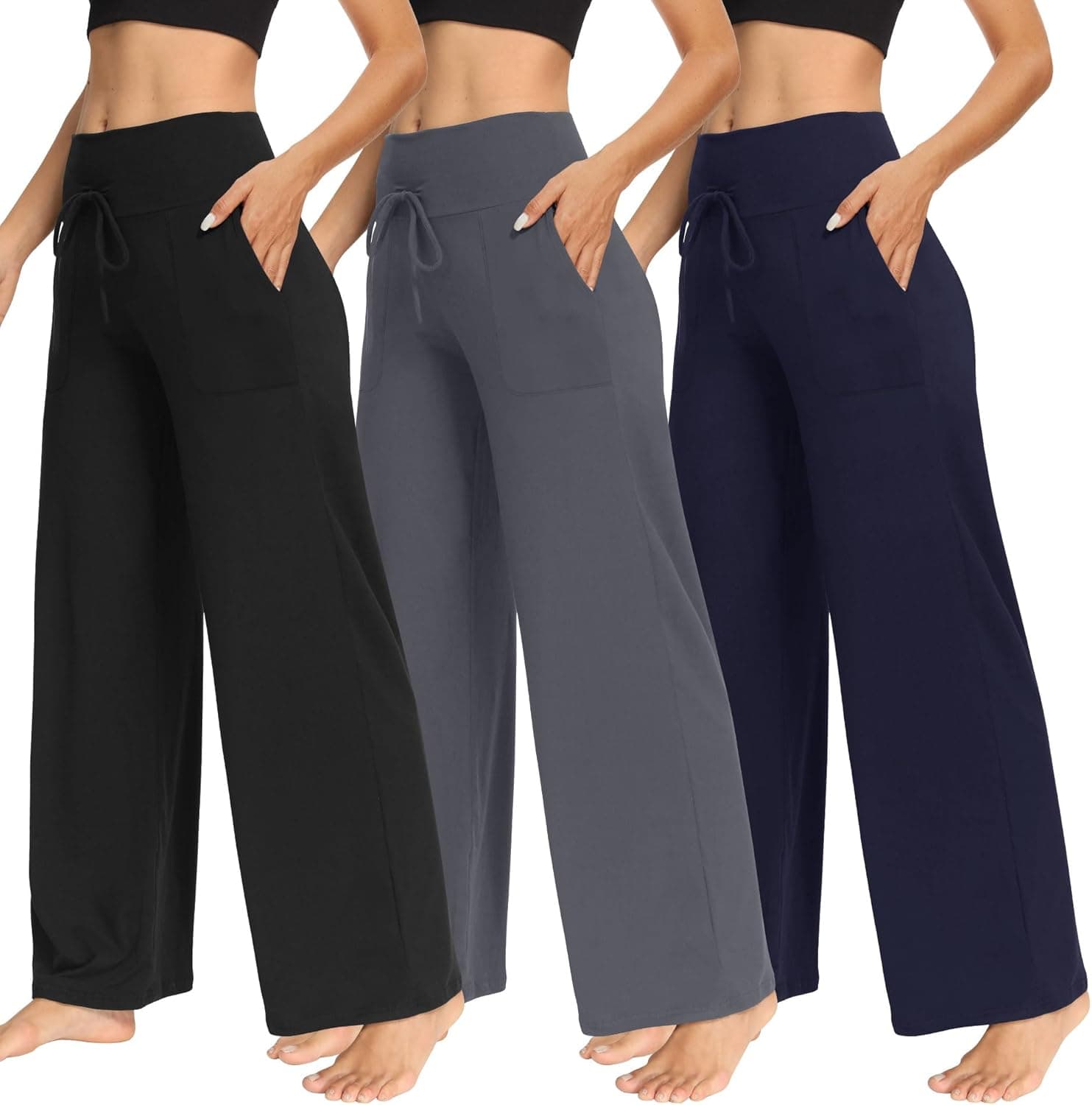 3 Pack Women's Wide Leg Pants with Pockets - Casual Loose Yoga Trouser Pants Sweatpants Palazzo Lounge Pajama Pants