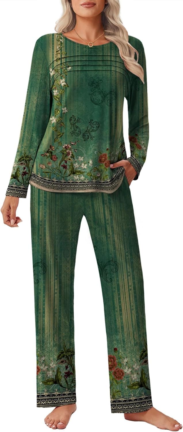 Womens Pajama Sets Pleated Tops with Long Pants Lounge Set Long Sleeve Fall Sleepwear Ladies Pjs S-XXL