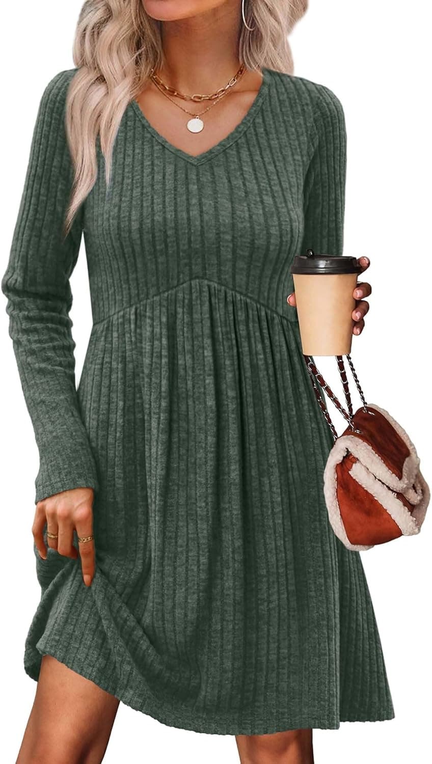 Long Sleeve Sweater Dress Fall Dresses 2025 V Neck Empire Waist Baby Doll Dresses Women Casual Dress with Pockets