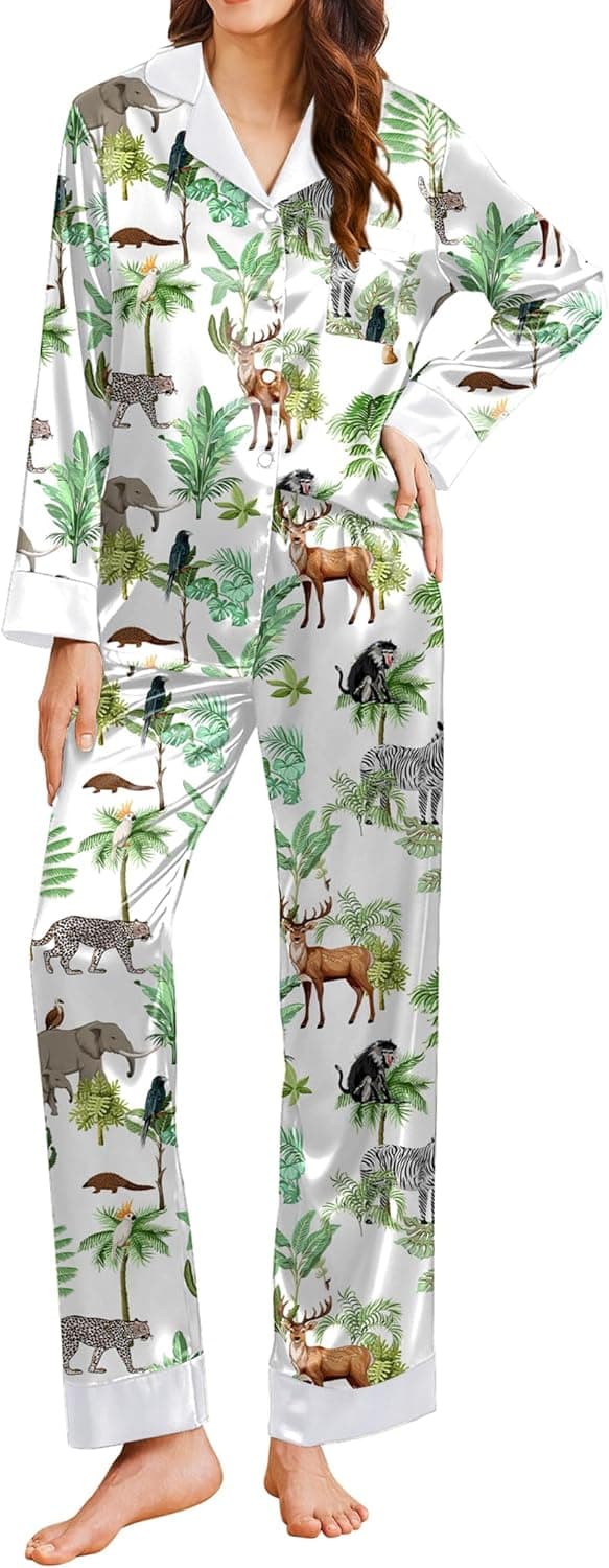 Silk Pajamas for Women Long Sleeve Satin Pajama Set Silky Pj Sets 2 Piece Button Down Loungewear Sleepwear