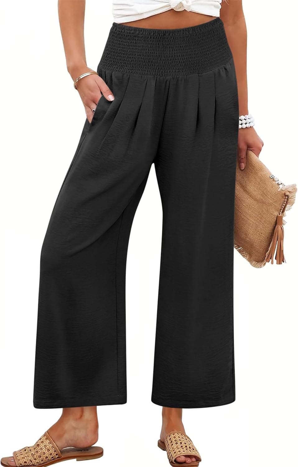 Womens Pants Wide Leg High Waisted Palazzo Pants Summer Flowy Beach Lounge Casual Trousers with Pockets