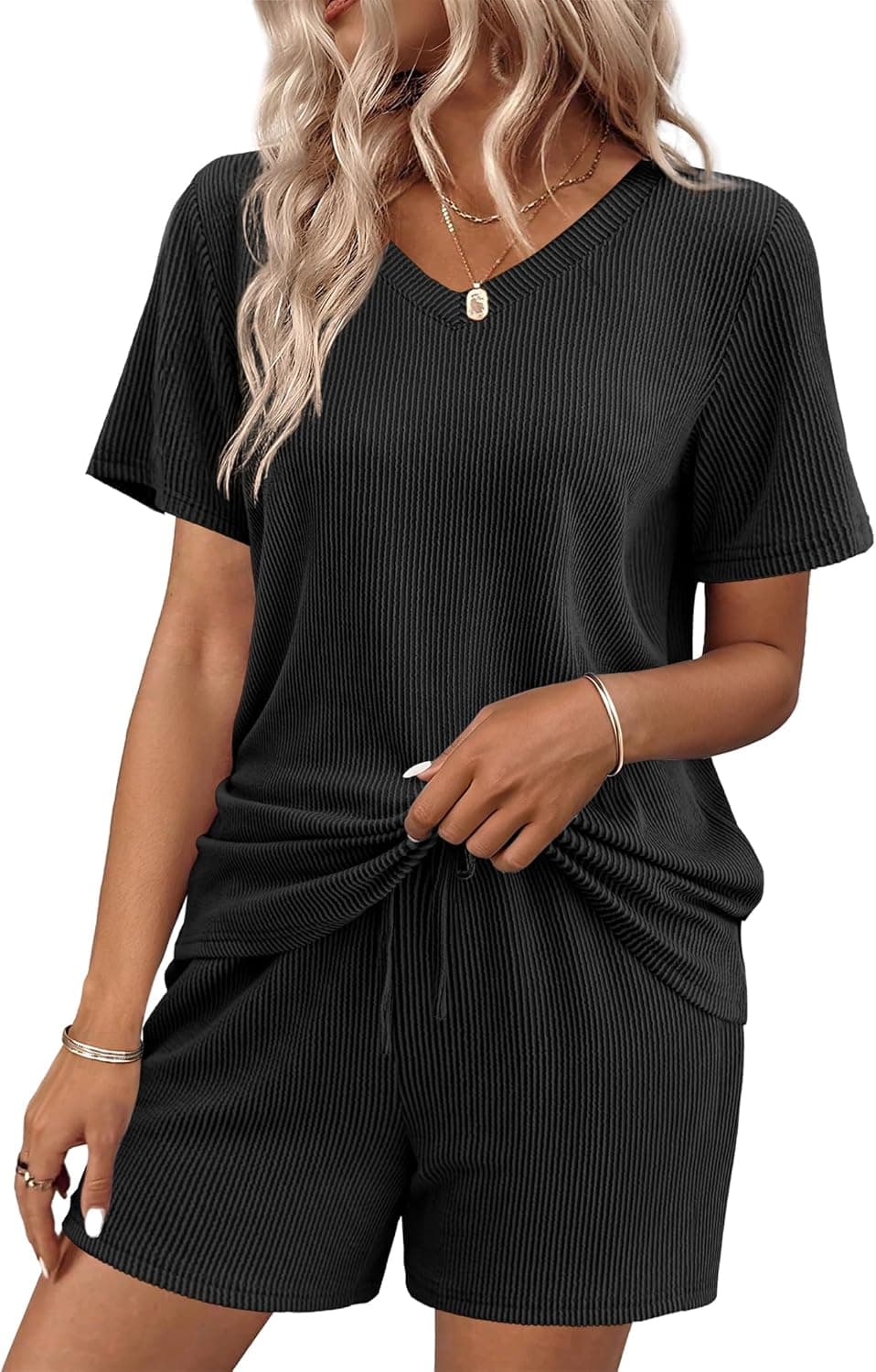 Womens Pajama Sets Short Sleeve Knit Lounge Set 2 Piece Pj Sets for Women V Neck Casual Loungewear