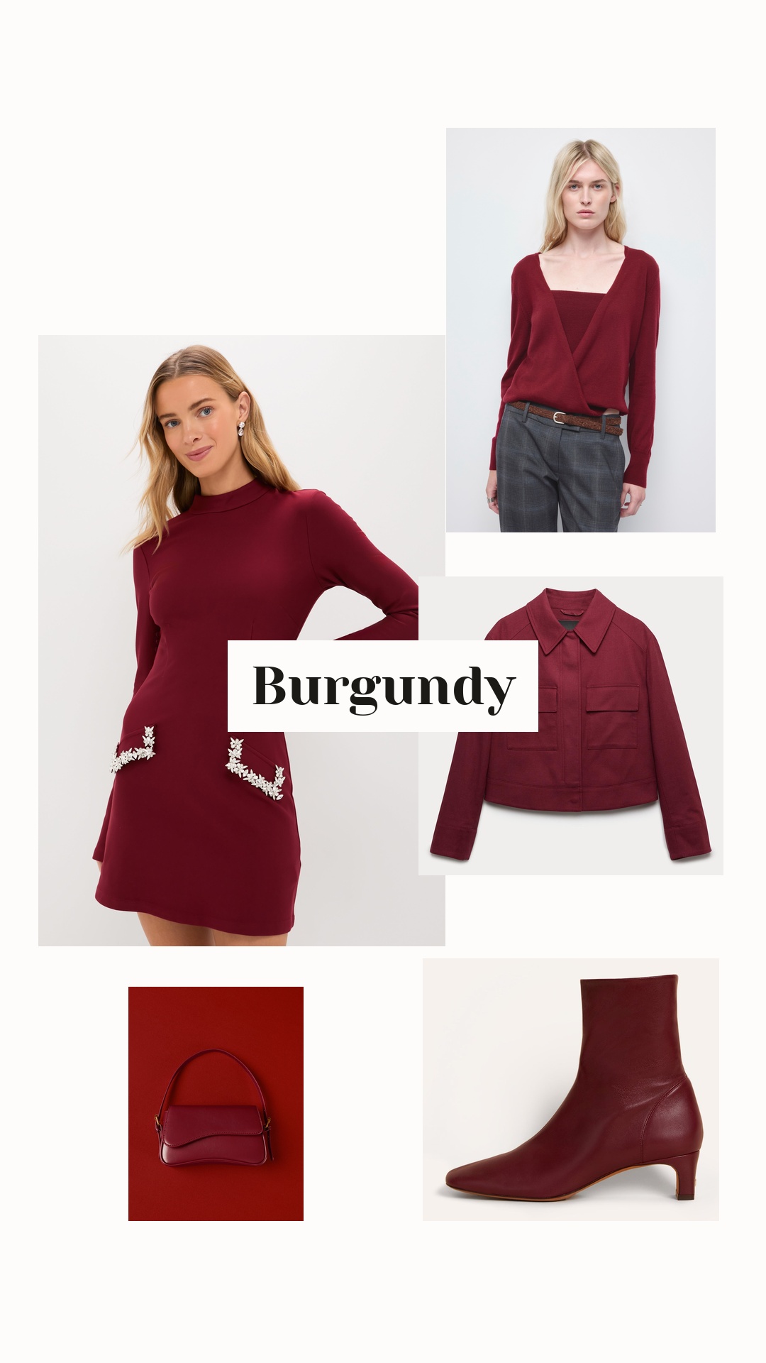 Winter Burgundy Outfit: Oxblood Embellished Long Sleeve Bronwyn Mini Dress