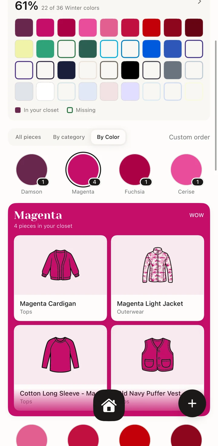 Closet pieces sorted by palette color