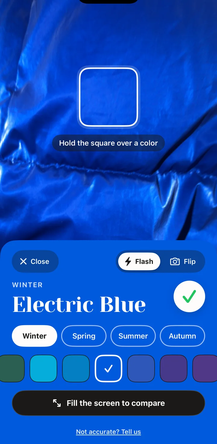 Color Detect with the camera held over a color, shown beside the palette